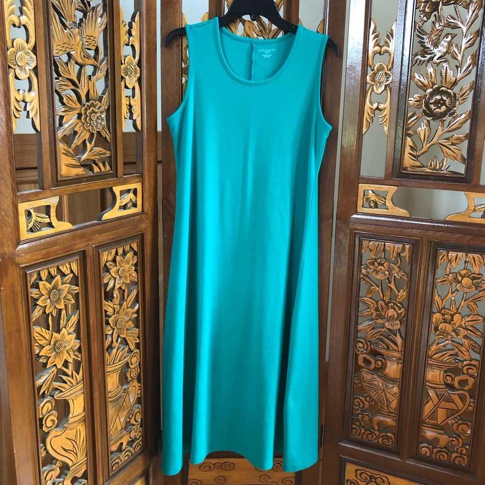 Appleseed’s Teal Sleeveless Dress Women Sz LP Scoop Neck Cotton Blend Adult